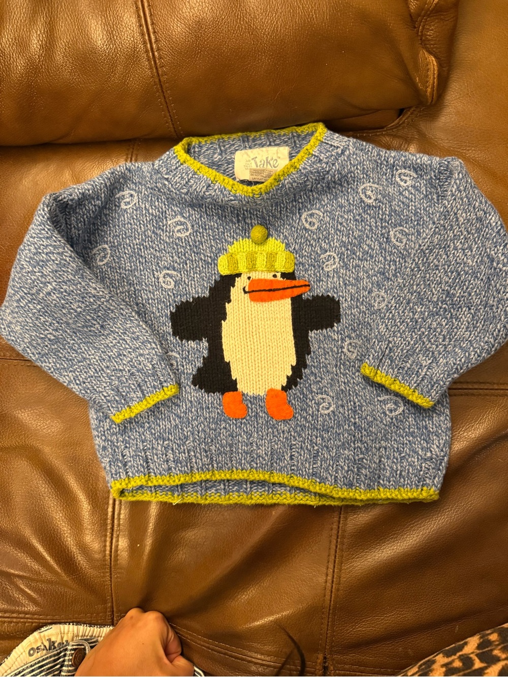 Penguin Knit Sweater - Blue with green Trim